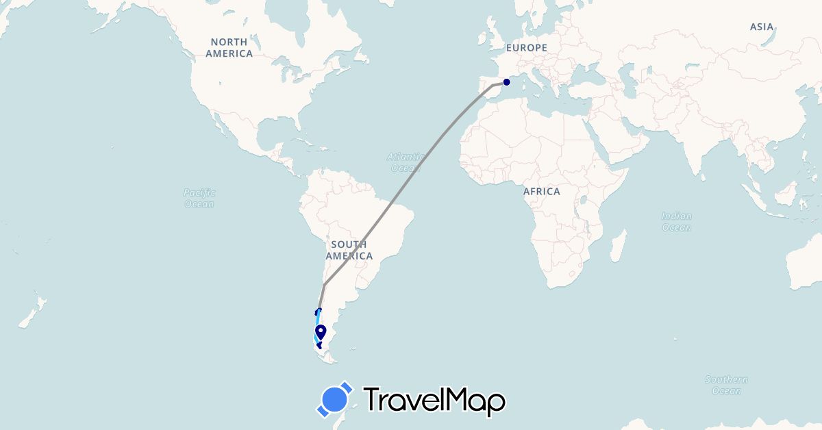 TravelMap itinerary: driving, plane, boat in Argentina, Chile, Spain (Europe, South America)